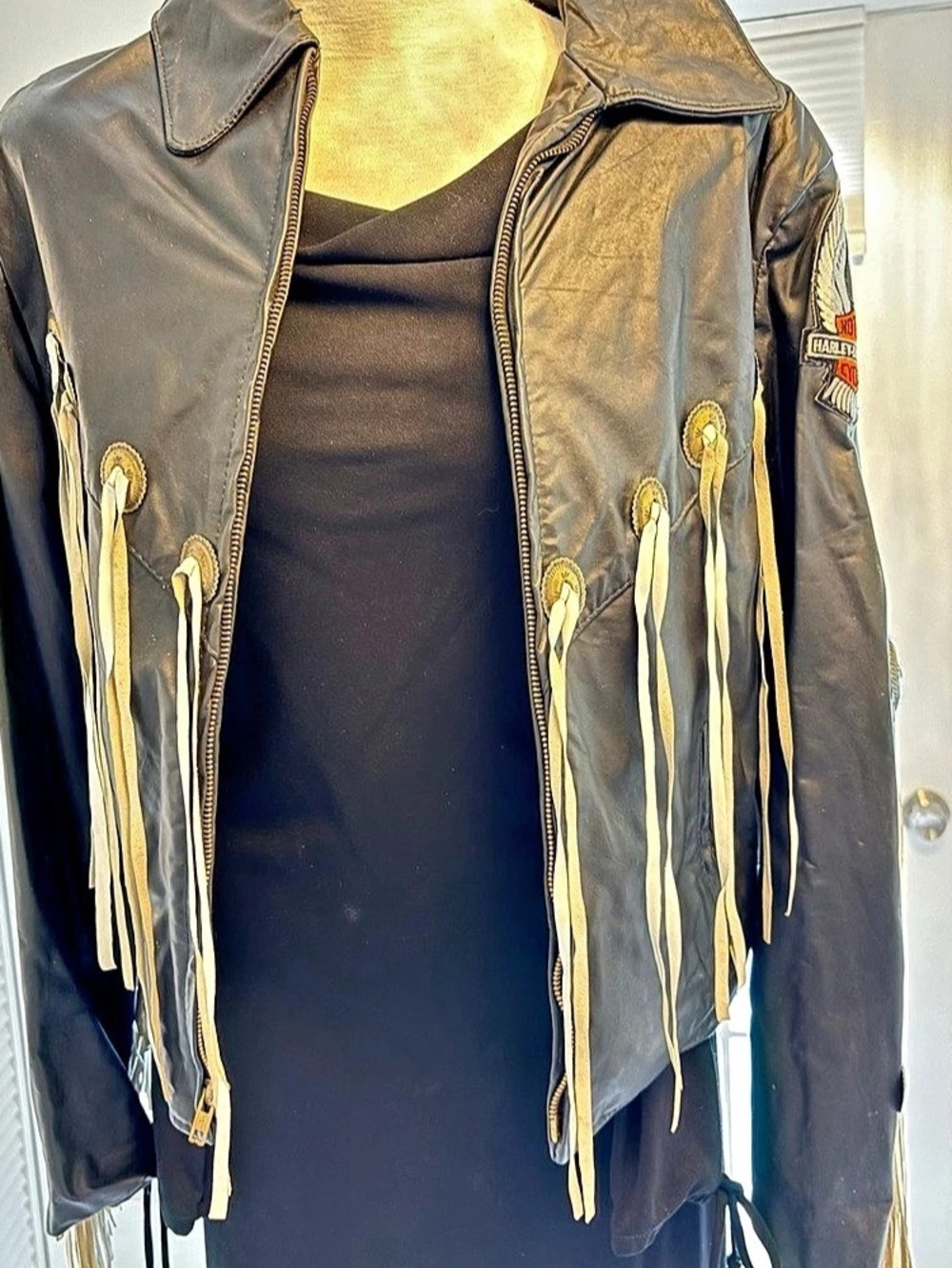 Harley-Davidson Women's Leather Fringe Jacket Black & Cream Size 8/10